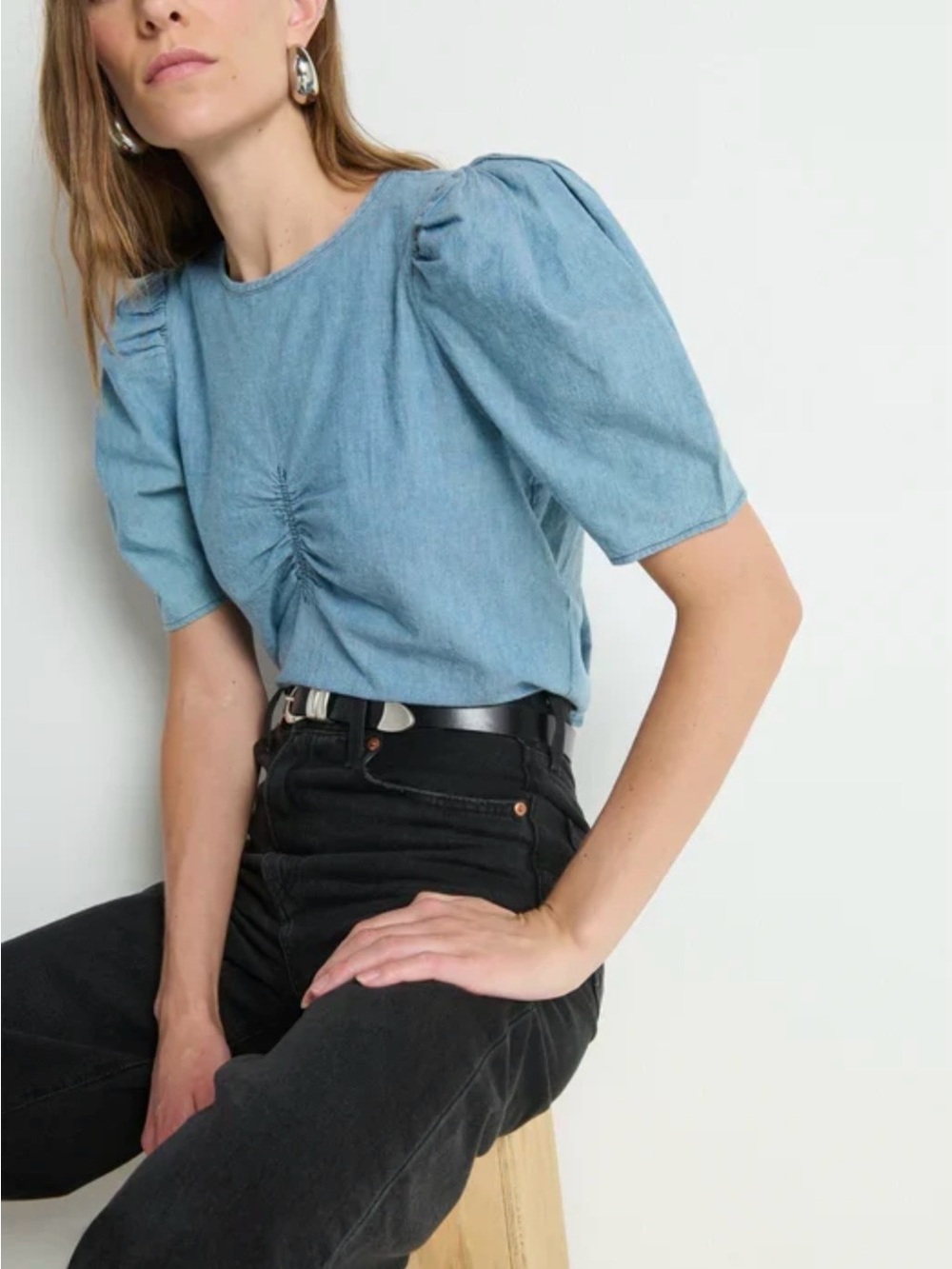 Nation LTD Cecily Blue Chambray Puff Sleeve Organic Cotton Top S - Picture 5 of 14